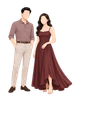 Polo and trousers with a burgundy long dress