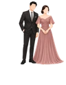 A black suit with gray tie and an old rose long gown